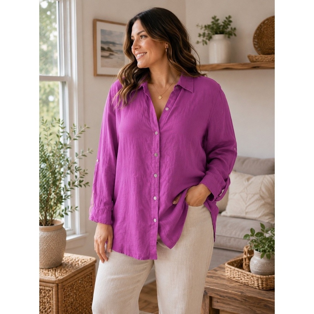 Sigrid Olsen 100% Linen Button Up Shirt Tunic Purple 2X Long Sleeve